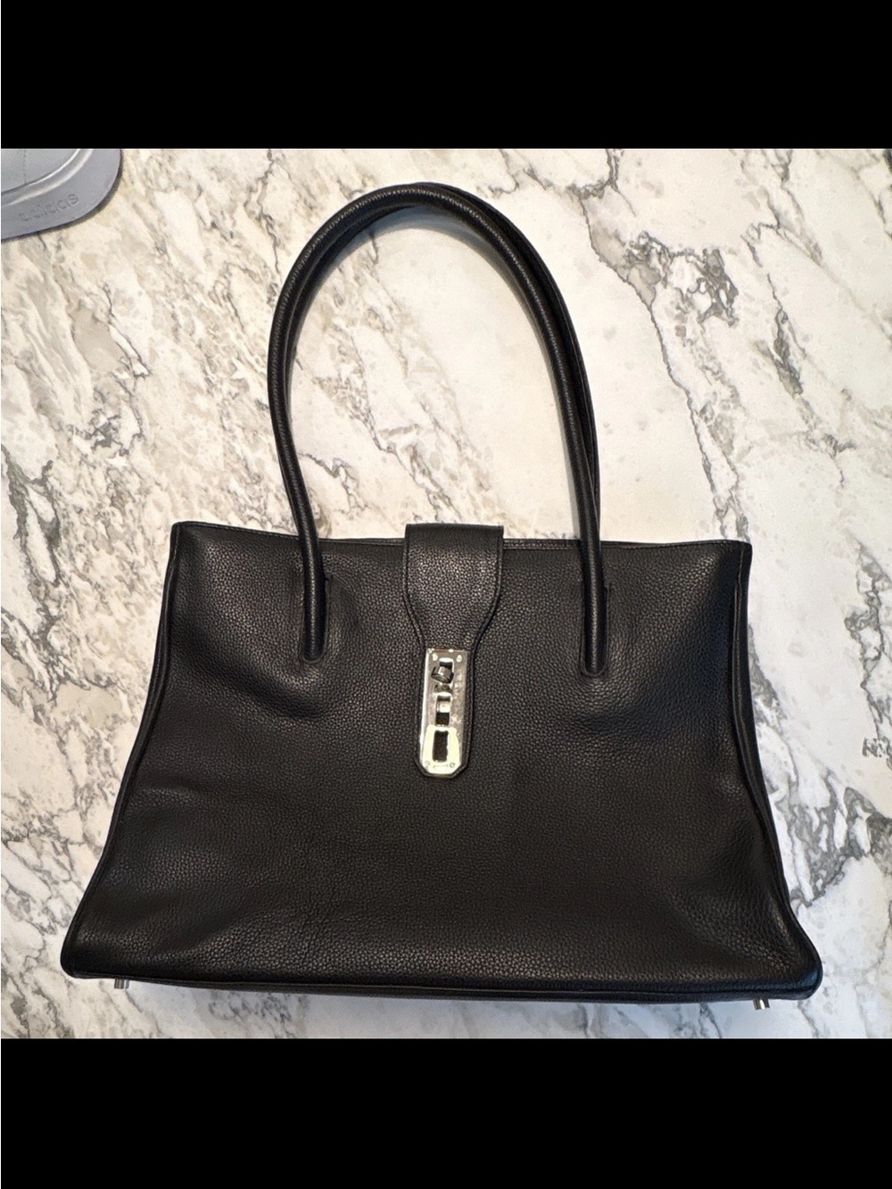 Classic Black Leather Shoulder Tote with Silver Hardware